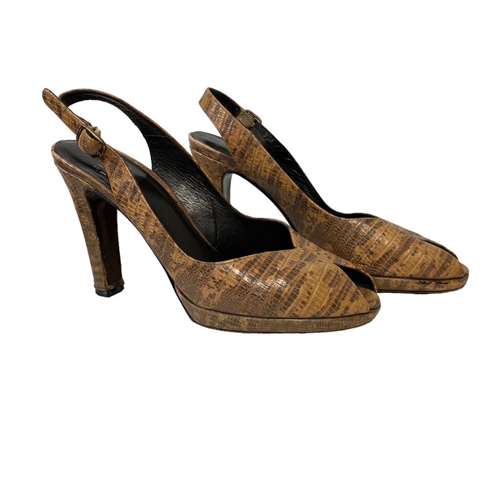 Stuart Weitzman Holiday Chic Peep Toe Lizard Animal Print Sling‎ Backs Brown